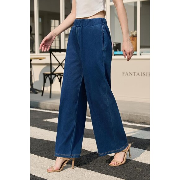 Women’s High Waist Elastic Waist Wide Leg Jeans Casual Trendy Comfort Fit - Picture 2 of 6